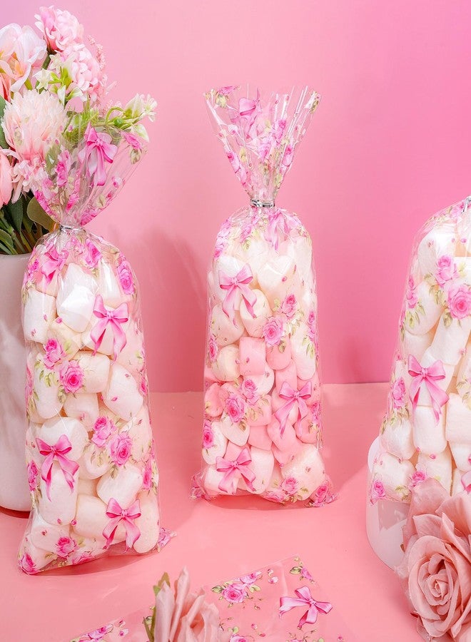 Whaline 100Pcs Wedding Floral Bow Cellophane Treat Bag Pink Coquette Flower Bowknot Plastic Candy Cookie Bags Cello Tea Party Favor Bags with Twist Ties for Summer Baby Bridal Shower Birthday - Image 3